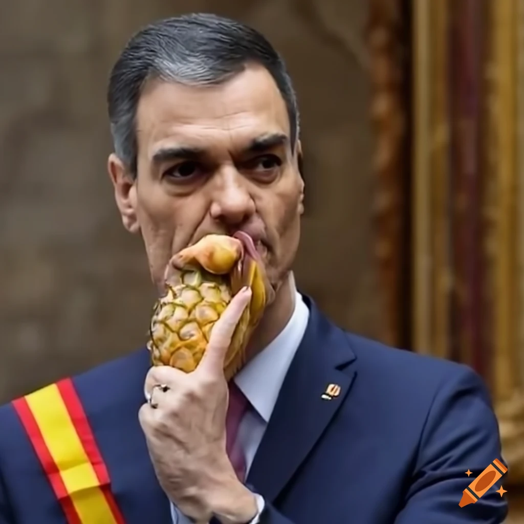Spanish president Pedro Sanchez eating a pineapple