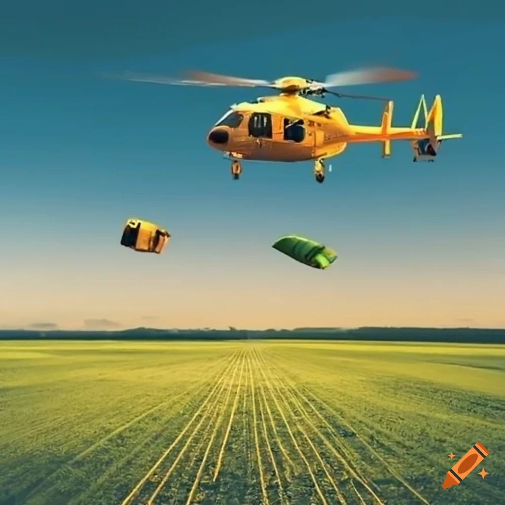 Helicopter transporting supplies over a field