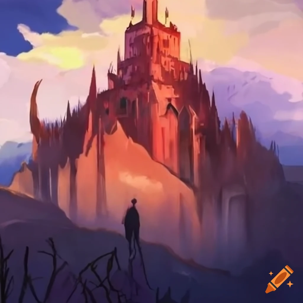 Fantasy castle with red roofs on white cliffs in a unique architectural ...