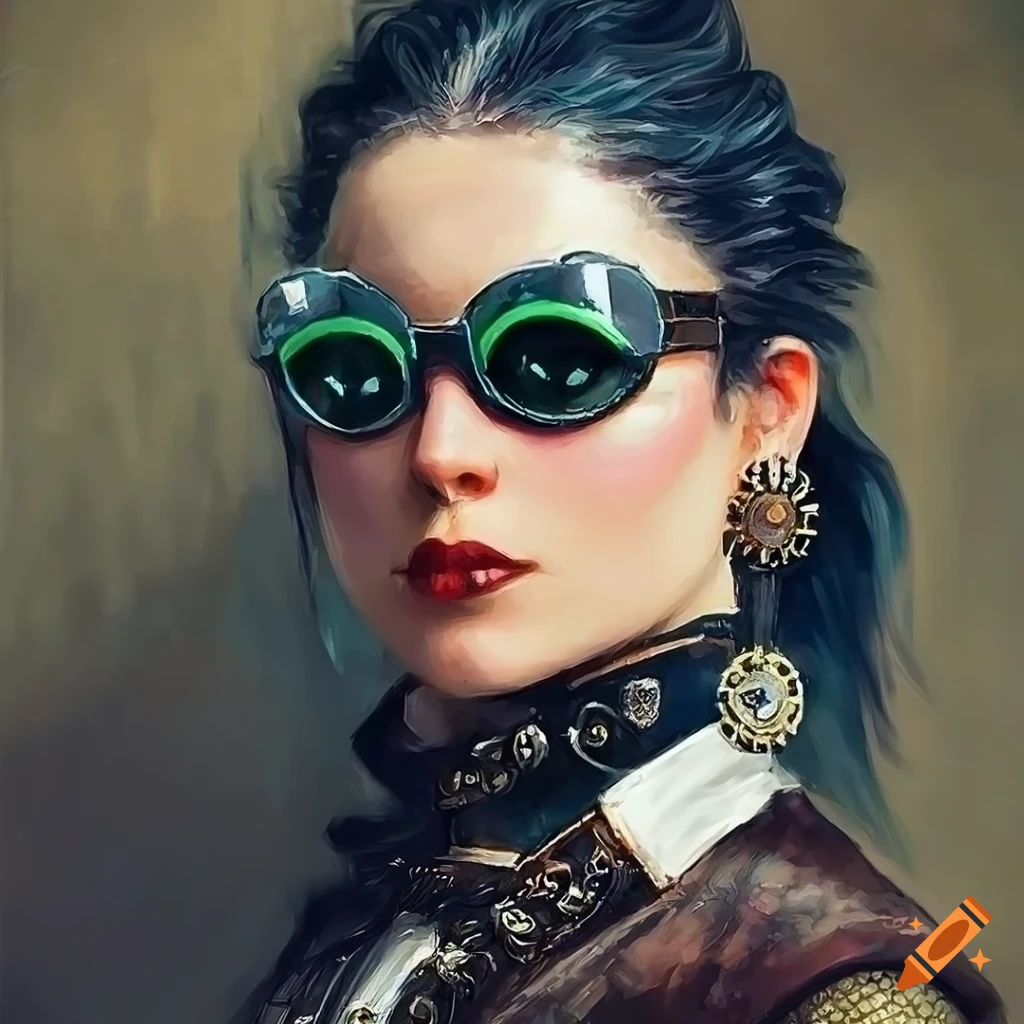 Steampunk goth woman with black hair wearing goggles and detailed tattoo-style art