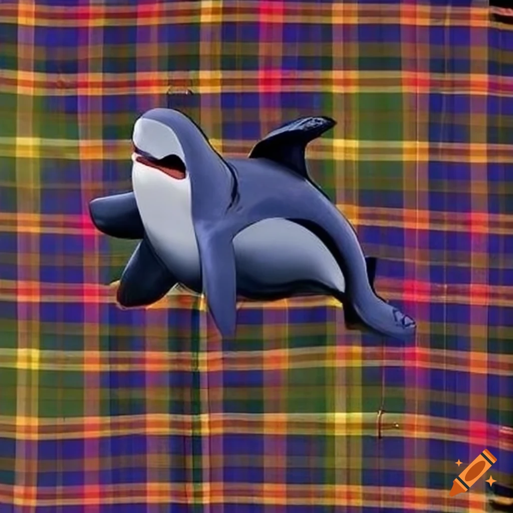 Orca whale wearing a rural Stewart tartan Scottish kilt