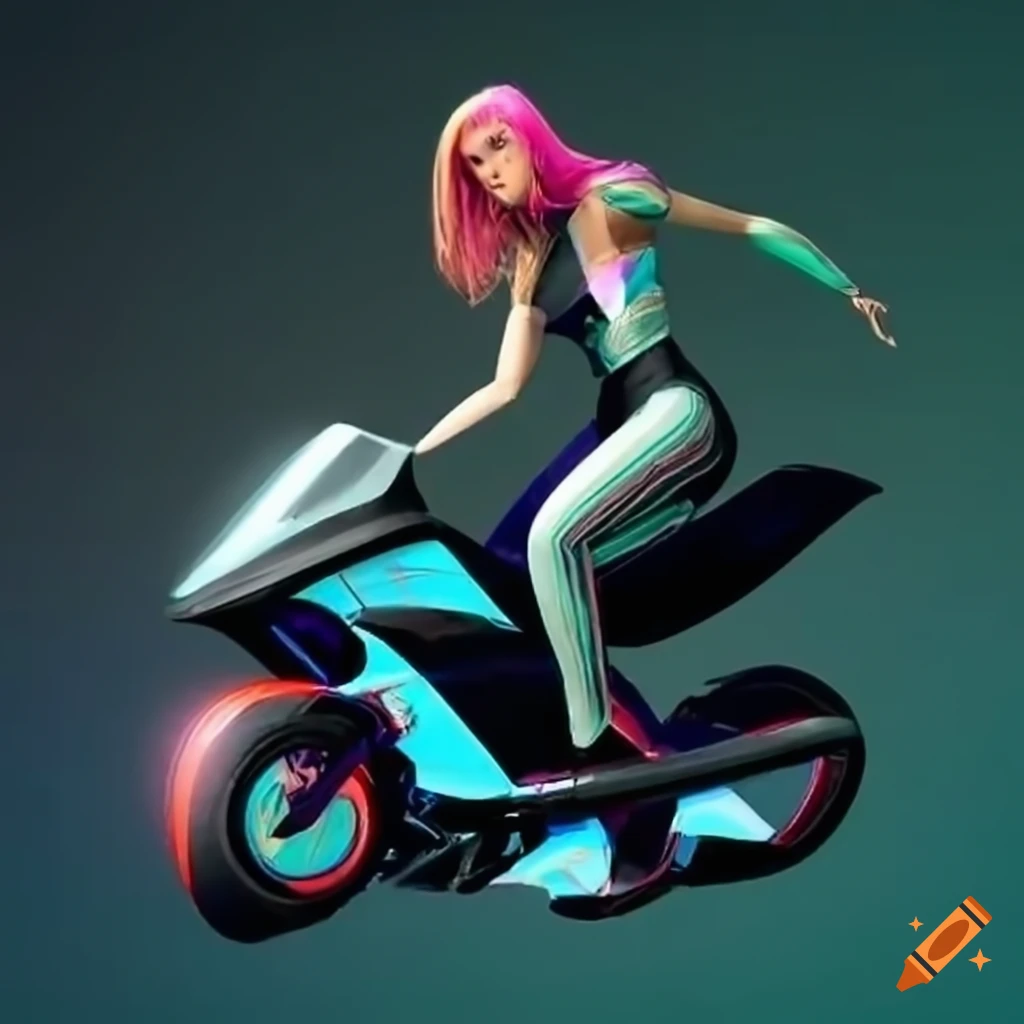 Female extreme hoverbike racer inspired by Jet Moto speeding across treacherous terrain