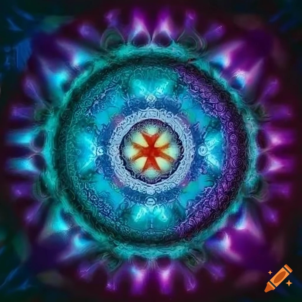 Mandala design of Shri Chakra Yantra with aurora Borealis background