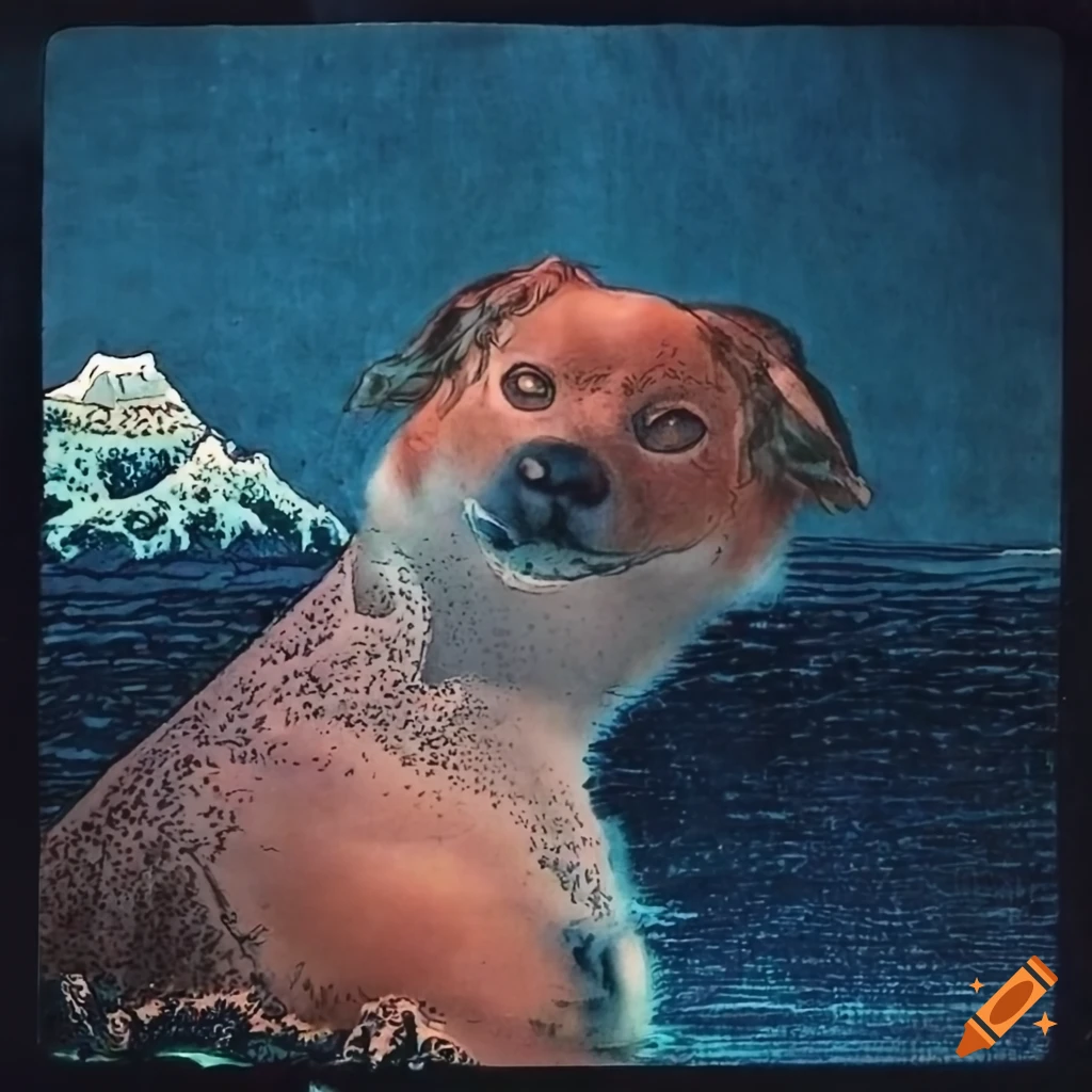 Awestruck dog in the style of ancient art by Katsushika Hokusai