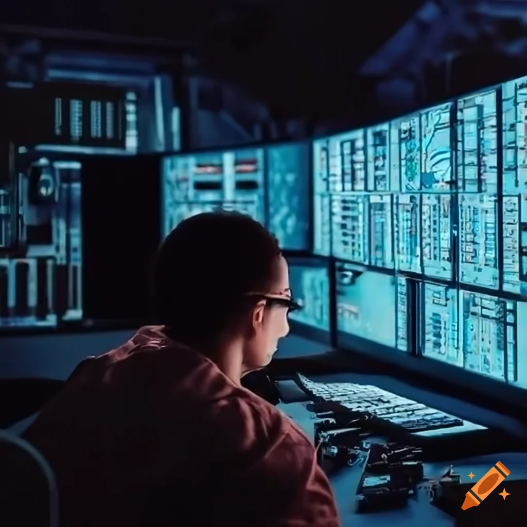 System engineer in a control room surrounded by screens and cables