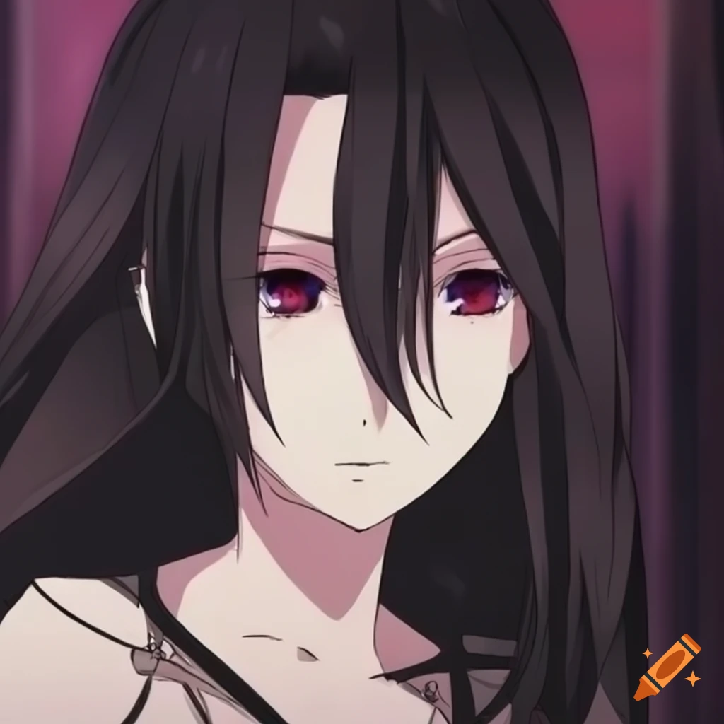 Anime villain girl with long black hair and black eyes on Craiyon