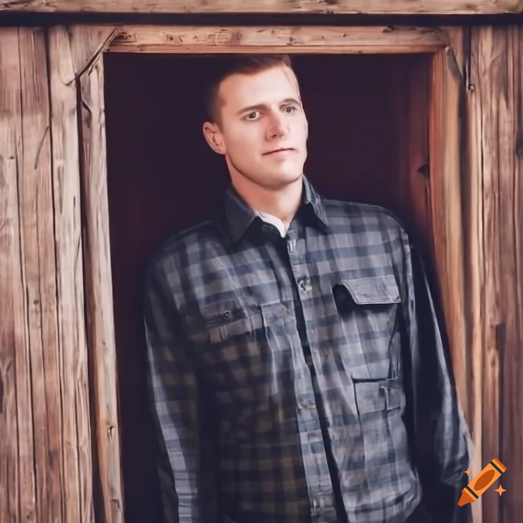 English couple in country-plaid shirts peeping through door of wooden barn