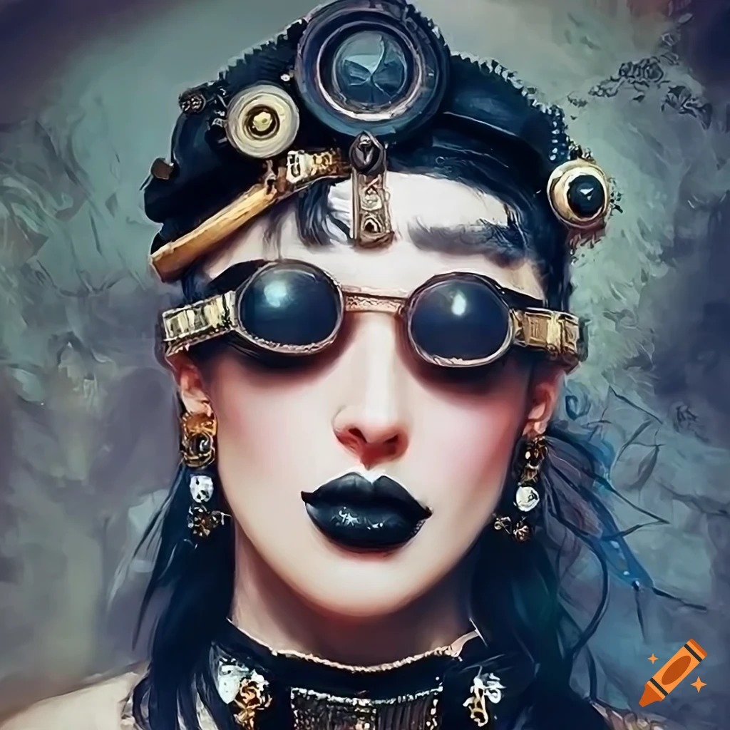 Steampunk goth woman with black hair wearing goggles and detailed tattoo-style art