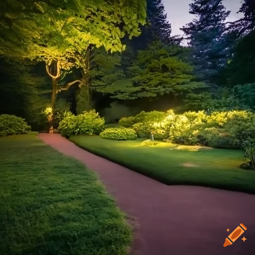 Serene garden at dusk with illuminated pathway