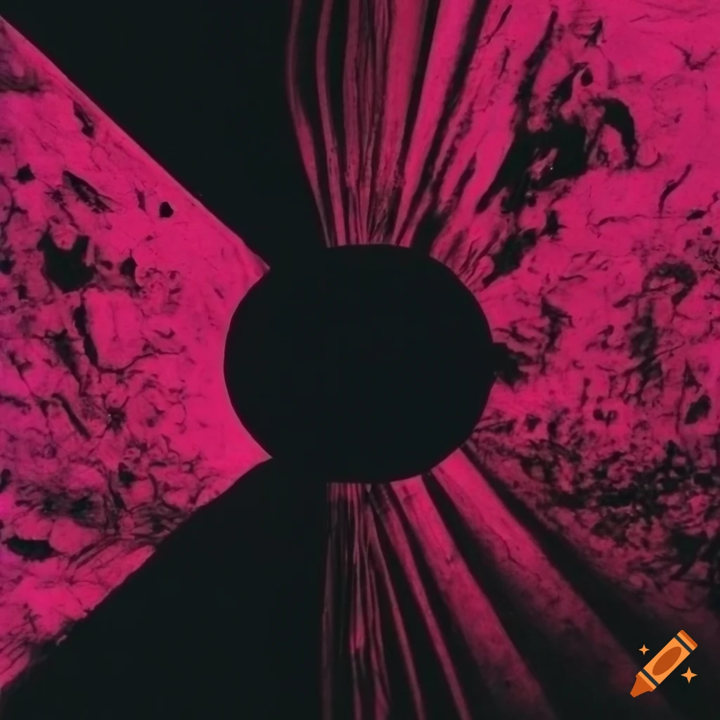 Magenta and black rock album cover with pages spread on the ground