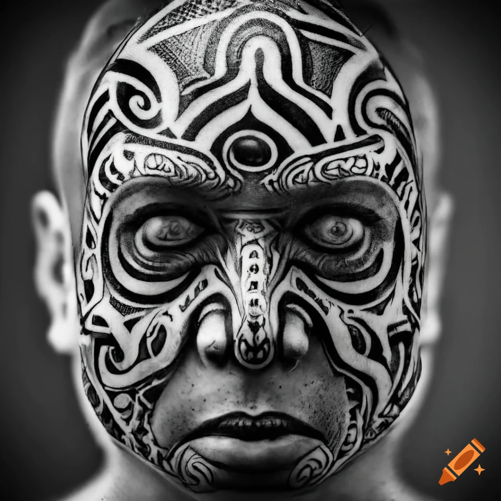 Black and white Maori cyberpunk tattoo design
