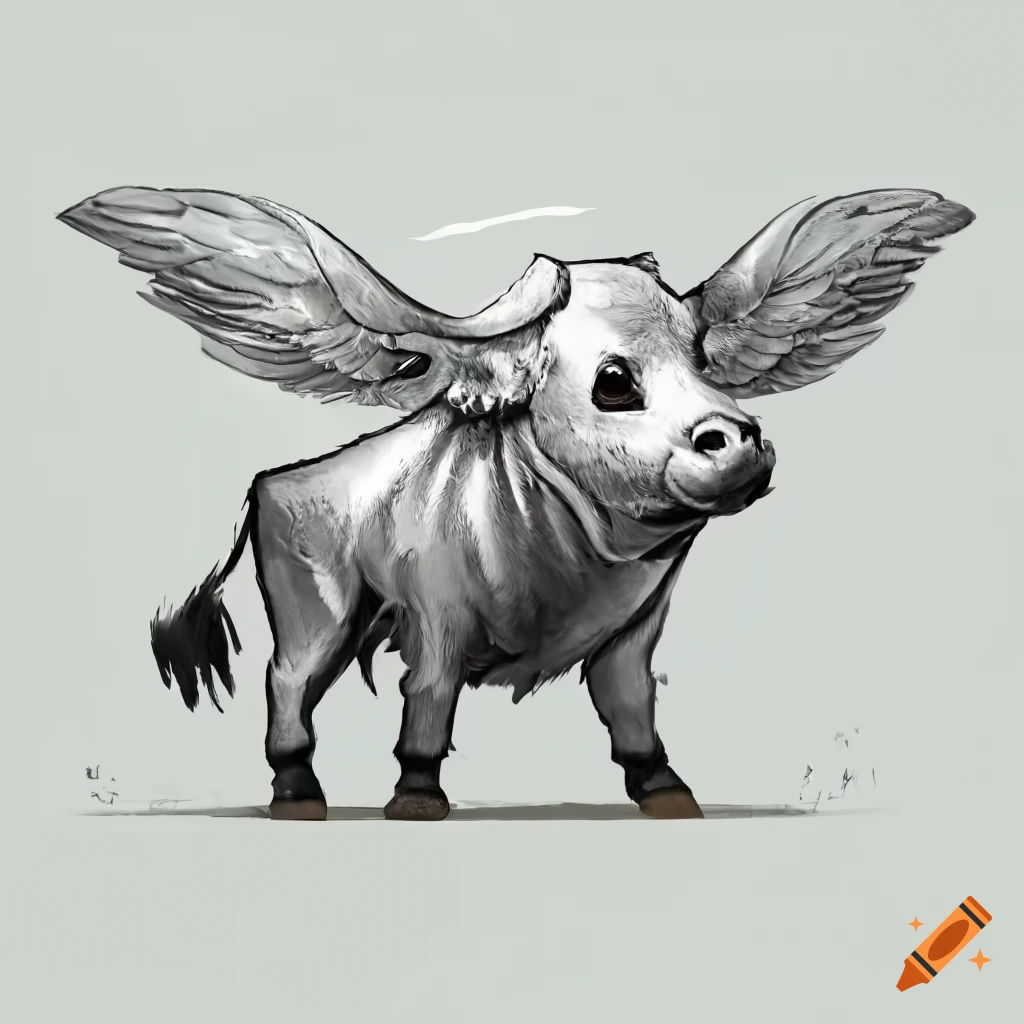Fluffy little bull with angel wings in dynamic pose and side profile