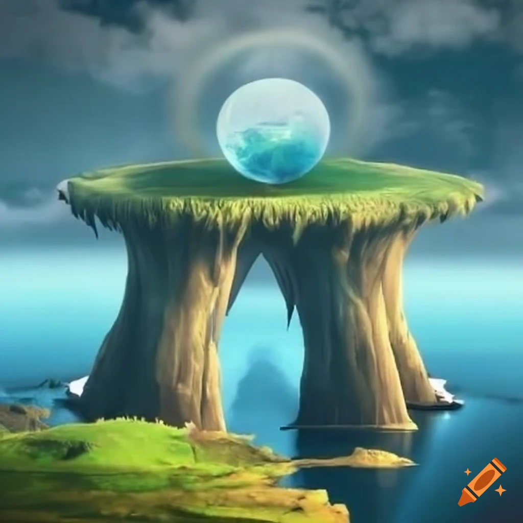 Floating island with rock pillars, grass plain, and lake from Storm Hawks TV show