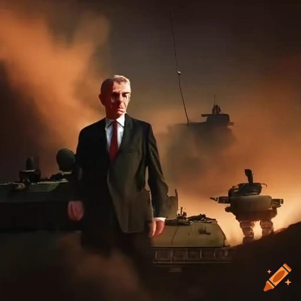 Former Swedish prime minister Carl Bildt next to military tank