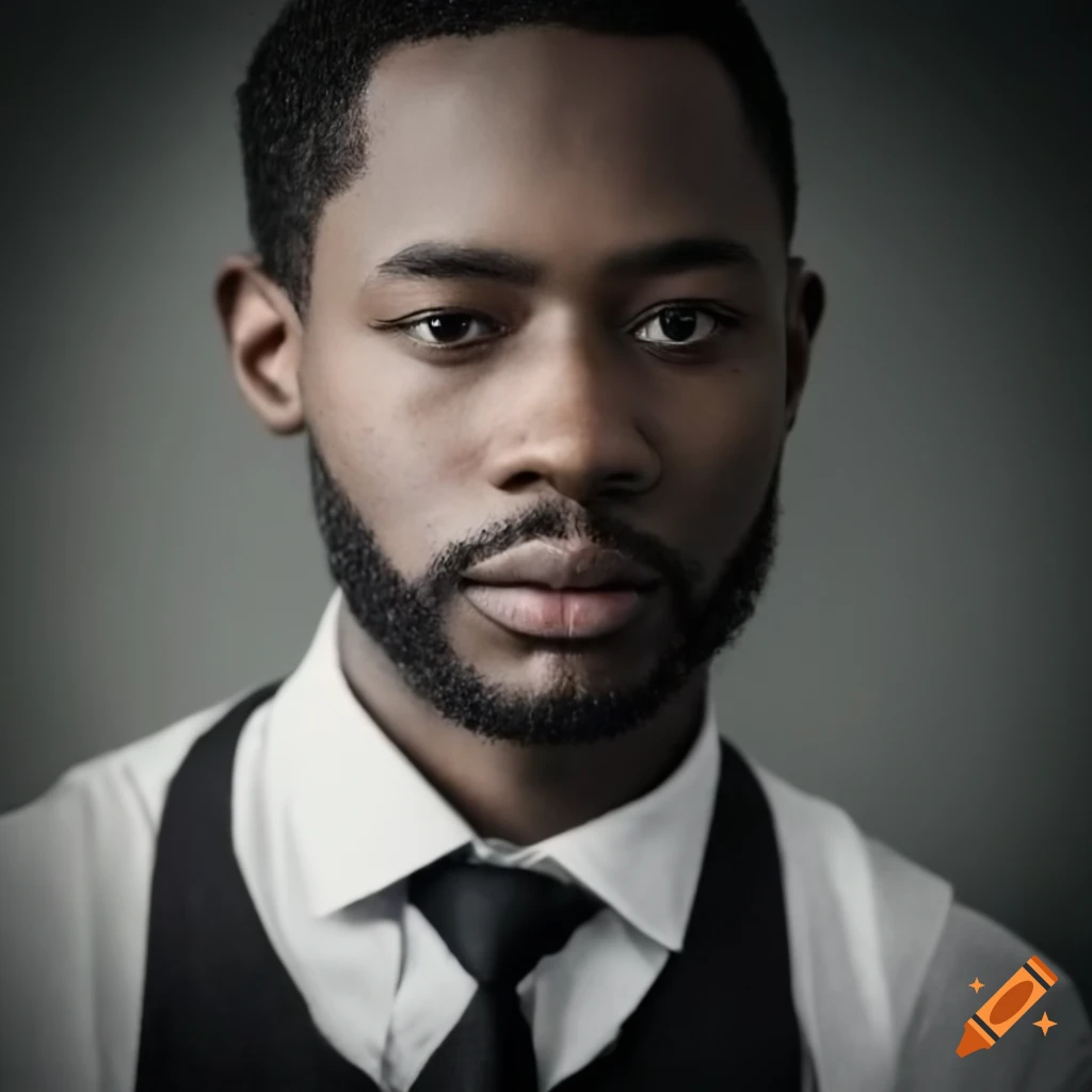 Black male bartender with medium-length black hair and slight stubble from the 1910s