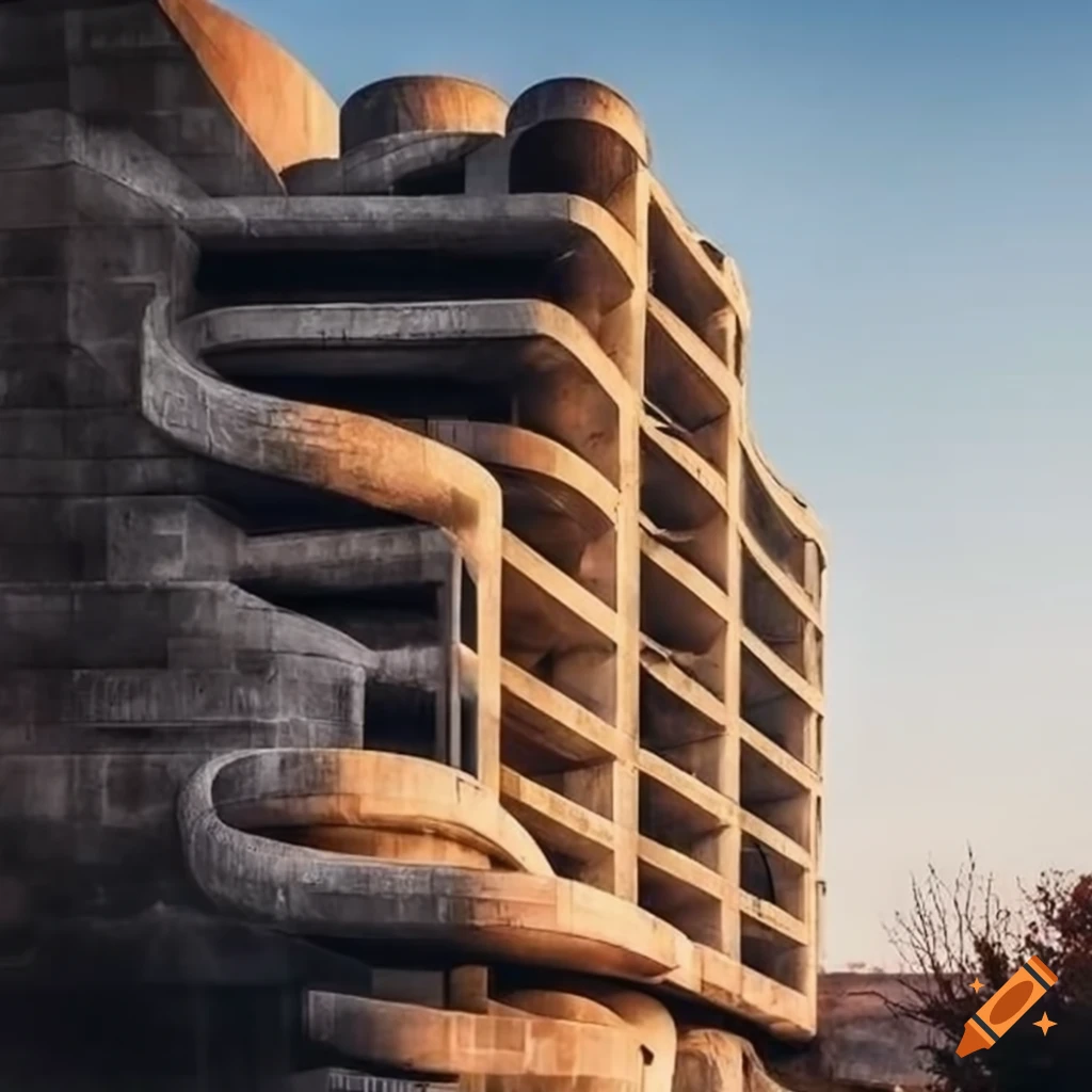 Palace in brutalist style on a chain of hills