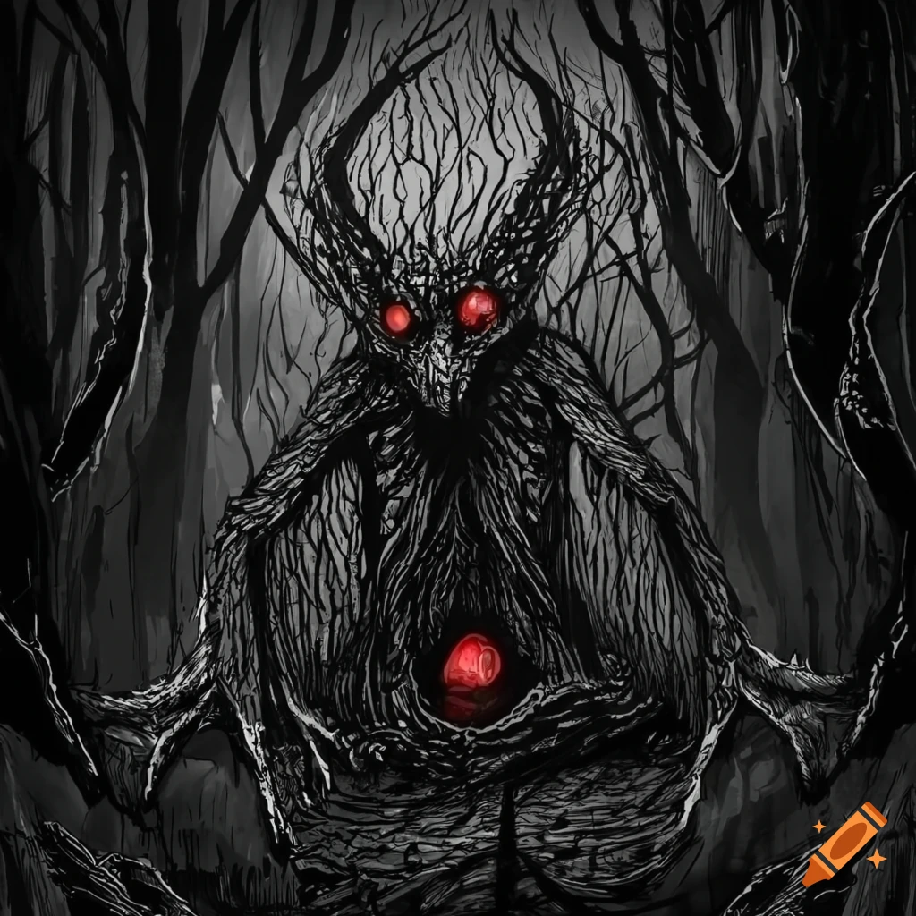 Nightmarish creature with glowing red eyes in a dark forest