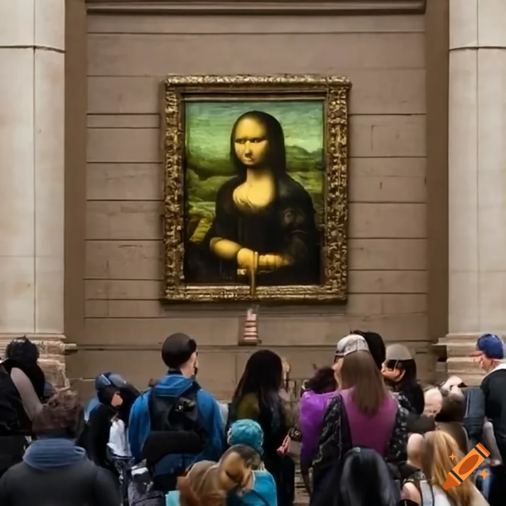 Mass tourism in front of the Mona Lisa with tourists not looking at nearby paintings