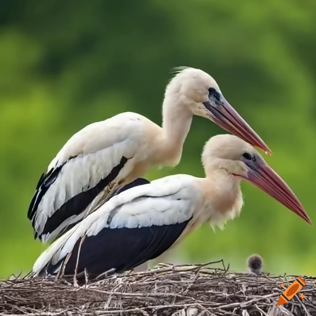Storks Intots Mother storks caring for young chicks in a nest on Craiyon