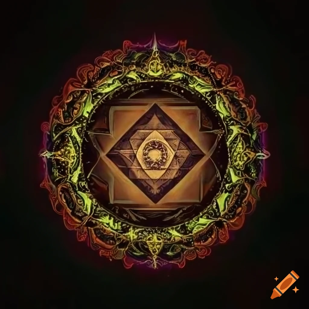 Detailed Mandala design of Shri Chakra Yantra with 'Om' symbol and aurora Borealis backdrop