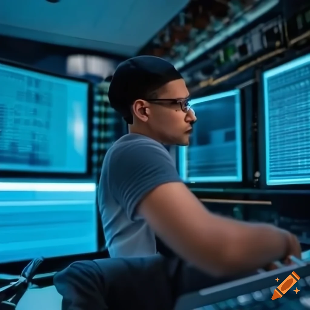 System engineer in a control room surrounded by screens and cables