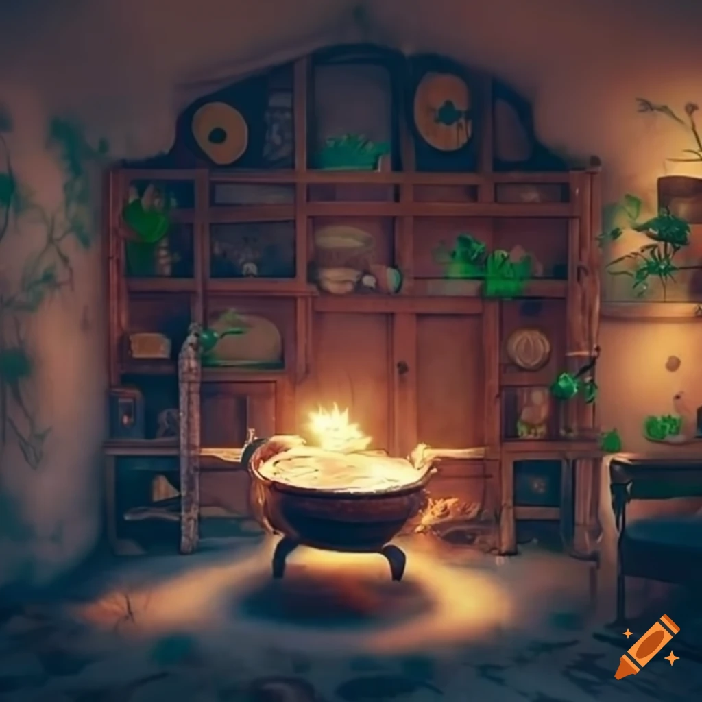 Cozy cottagecore room with a bubbling cauldron
