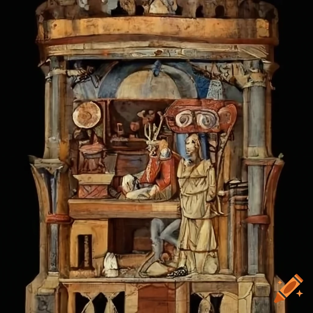 Medieval patchwork painting of machines in a shop