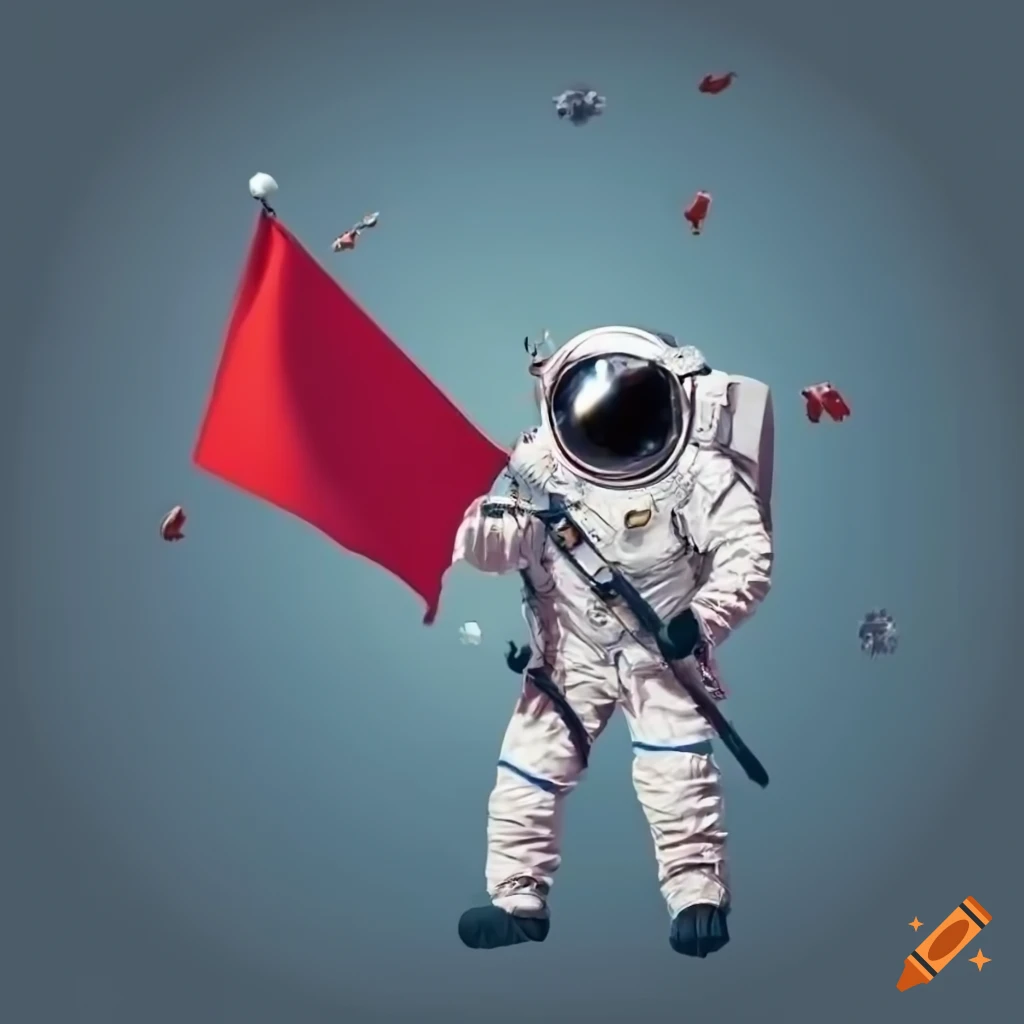 Astronaut with red flag in outer space with flying rocket