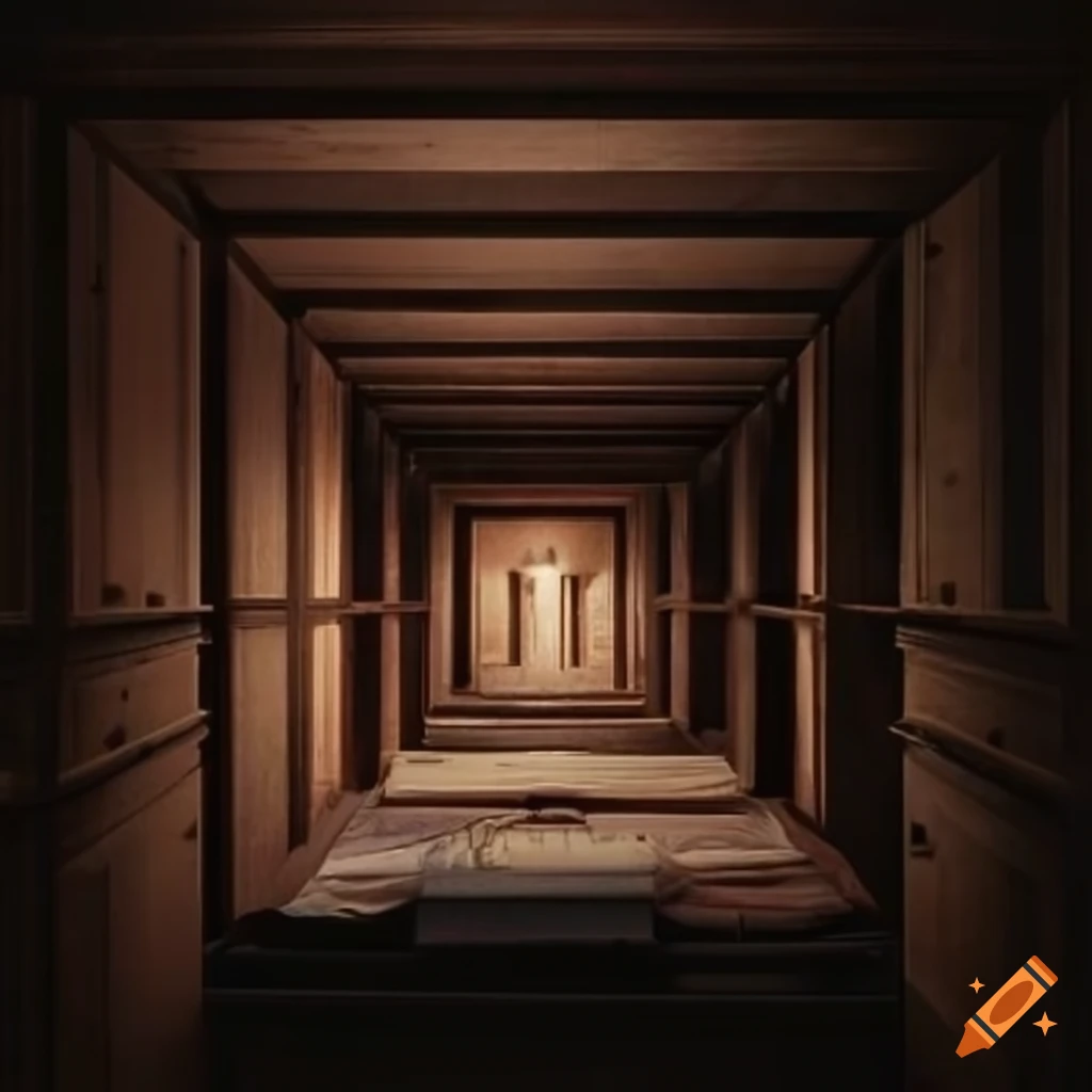 Dimly-lit archive room with drawers