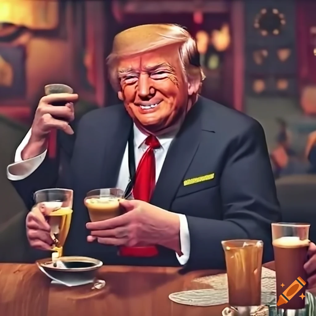 Trump, Merrick Garland, and Clarence Thomas in a cozy pub satire scene