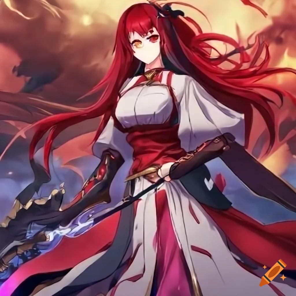 Anime character with crimson hair in royal attire with flames and ...