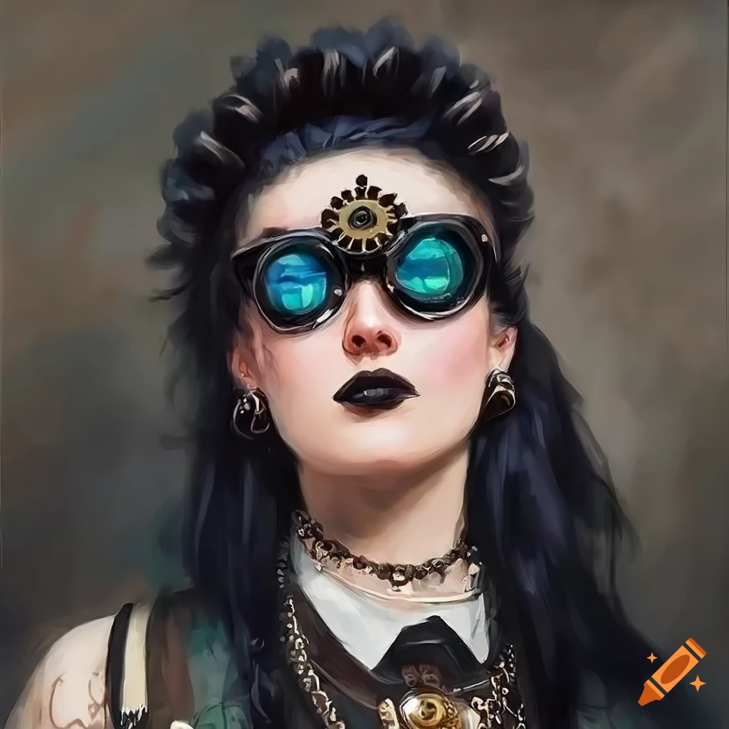 Steampunk goth woman with black hair wearing goggles and detailed tattoo-style art