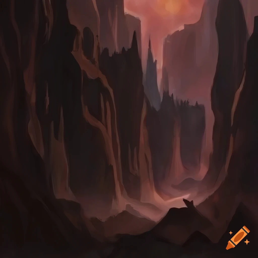 Dark shadowy canyon in an old drawing with fantasy art style