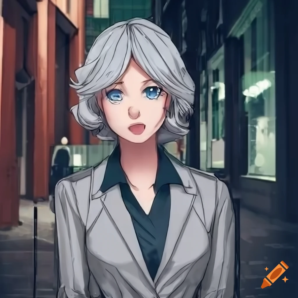 Anime-style woman with short wavy gray blonde hair in rainy city sidewalk