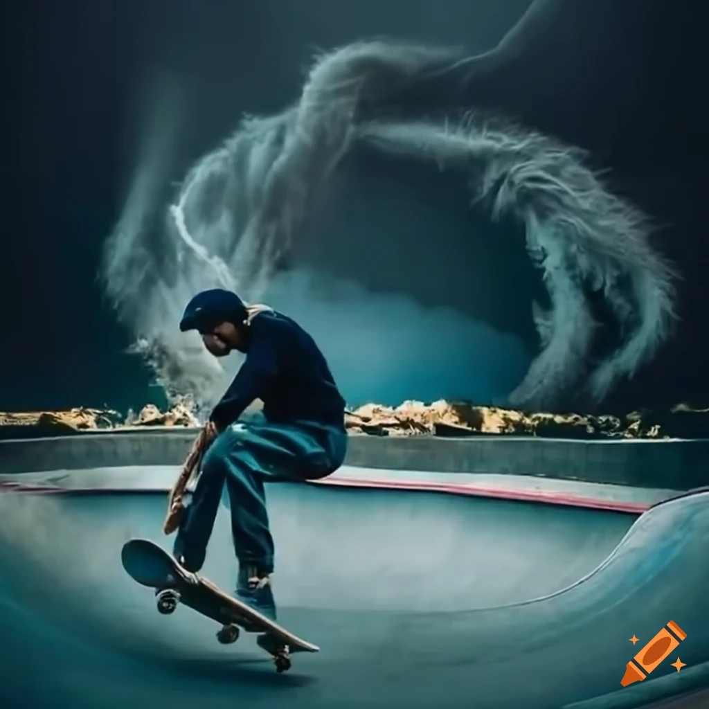 Skateboarder playing guitar in skatepark bowl with tornado in background
