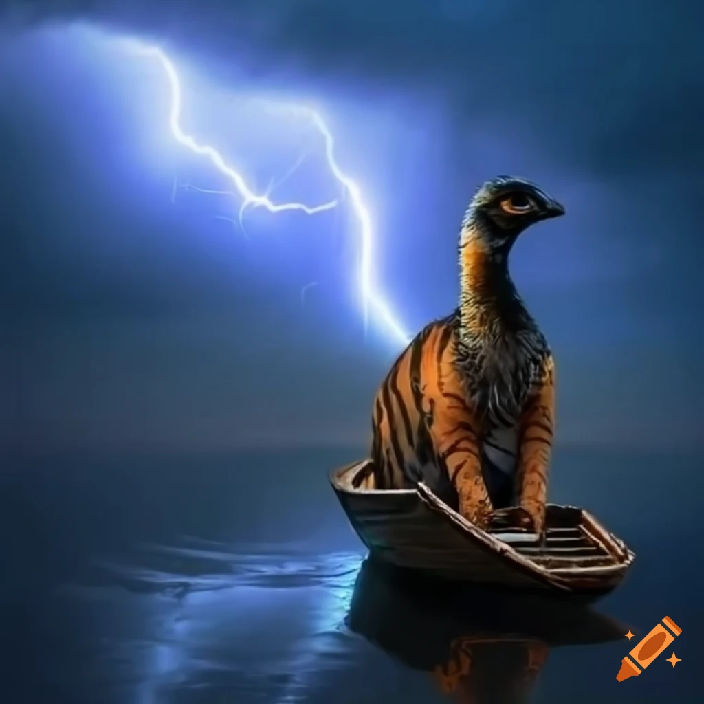 Mythical emu-tiger with glowing eyes in rowboat under stormy sky