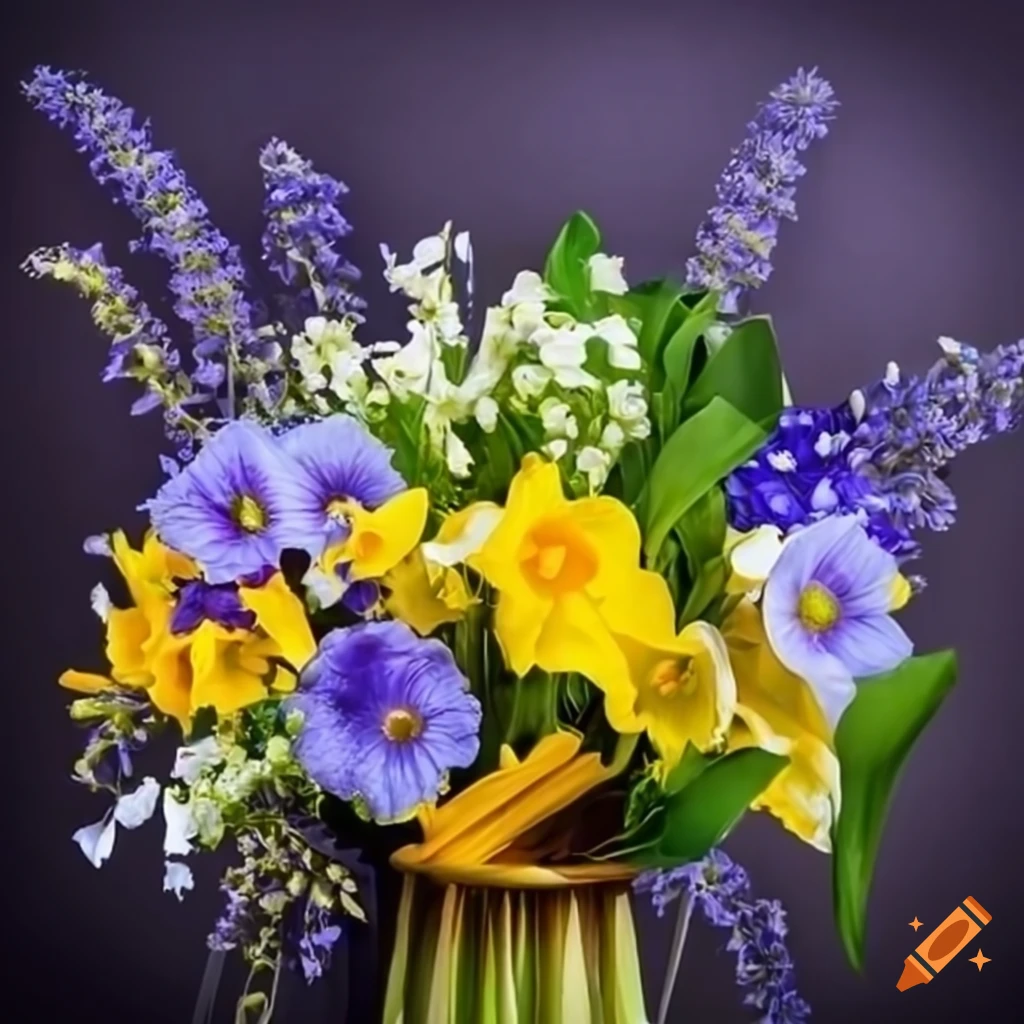 Beautiful bouquet of various flowers including daffodils, lilies, sunflowers, petunias, blue bells, lavender, and daisies