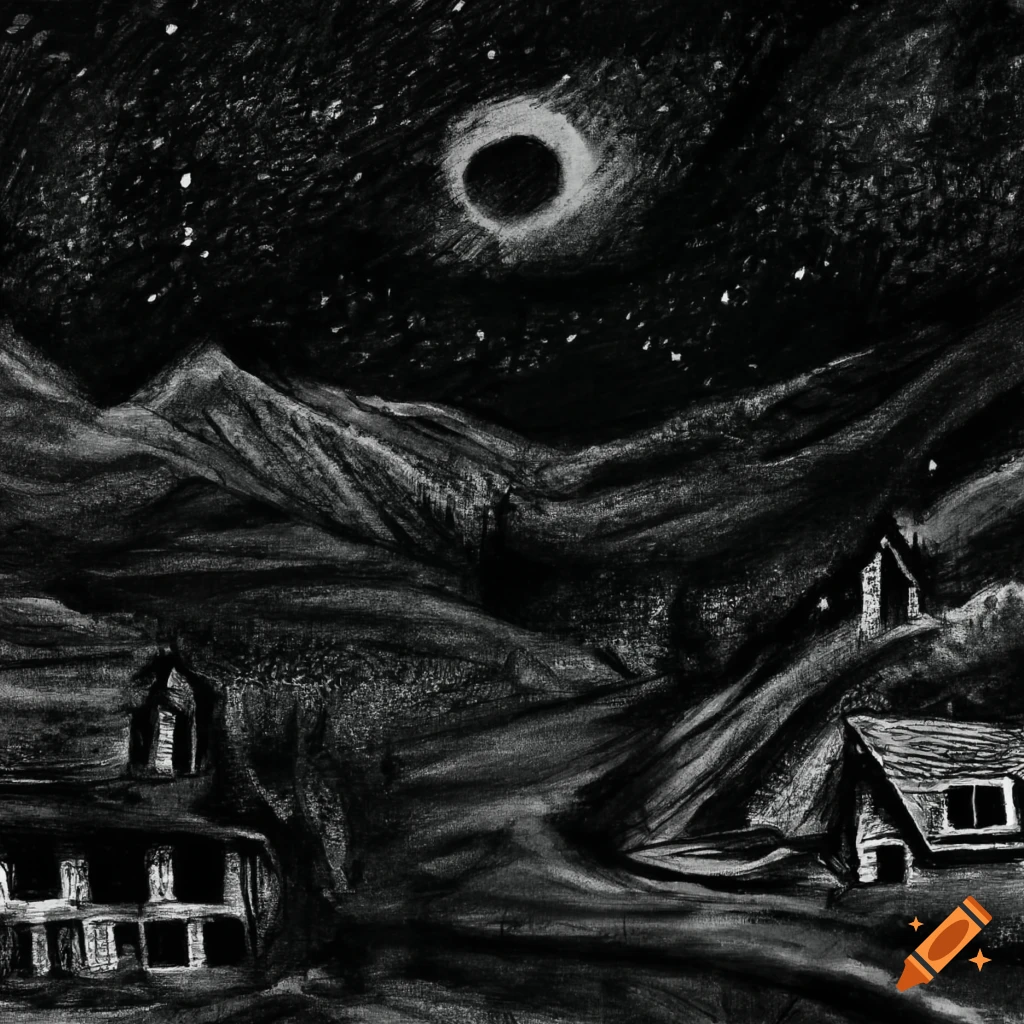 Night scene of a valley with village cottages and a forest, charcoal drawing