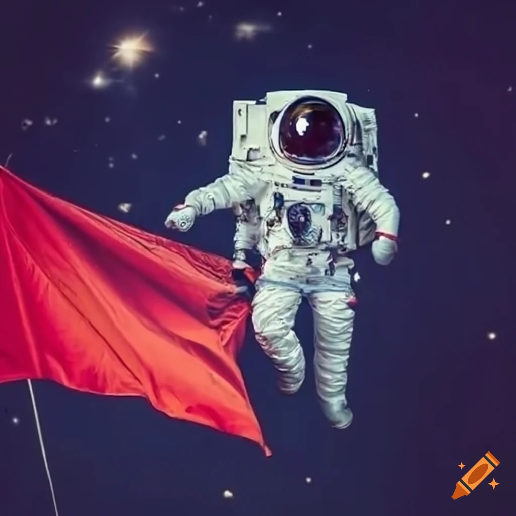 Astronaut with red flag in outer space near a flying rocket
