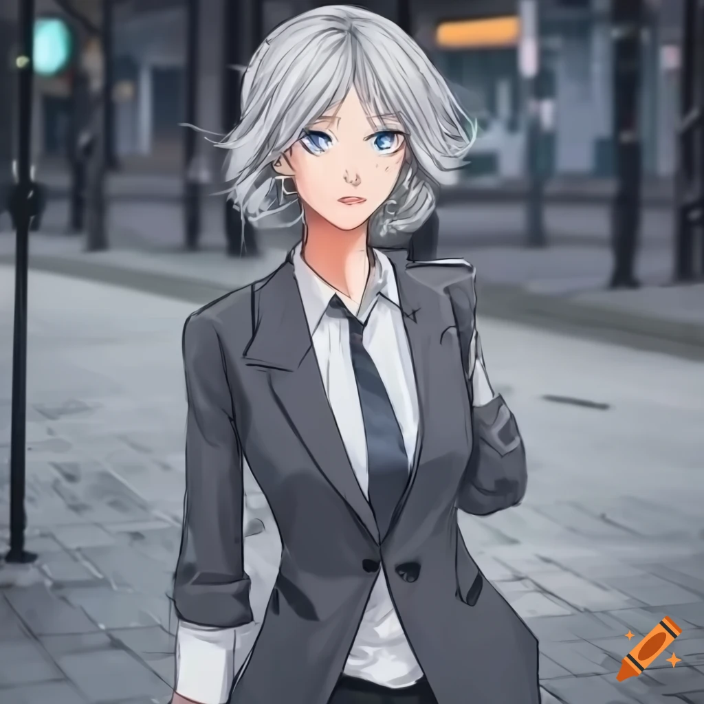 Anime-style woman with short wavy gray blonde hair in rainy city sidewalk