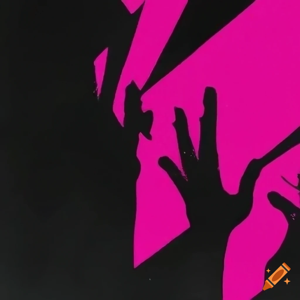 Magenta and black rock album cover with pages spread on the ground