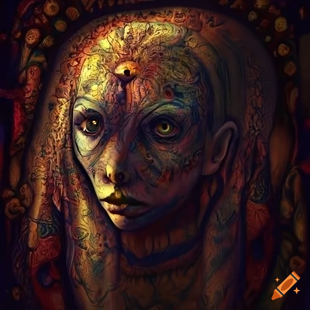 Abstract tapestry portrait of a unique female creature with a long neck and tiny eyes