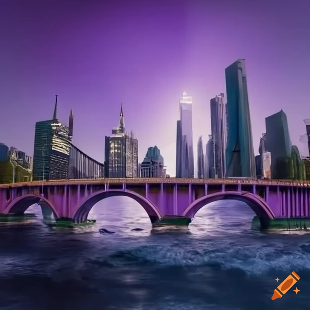 Bridge over stormy waters with colorful skyscrapers in the background
