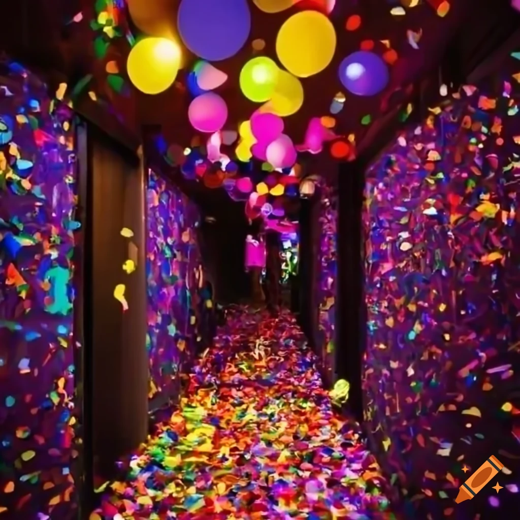 Colorful party confetti in a hallway