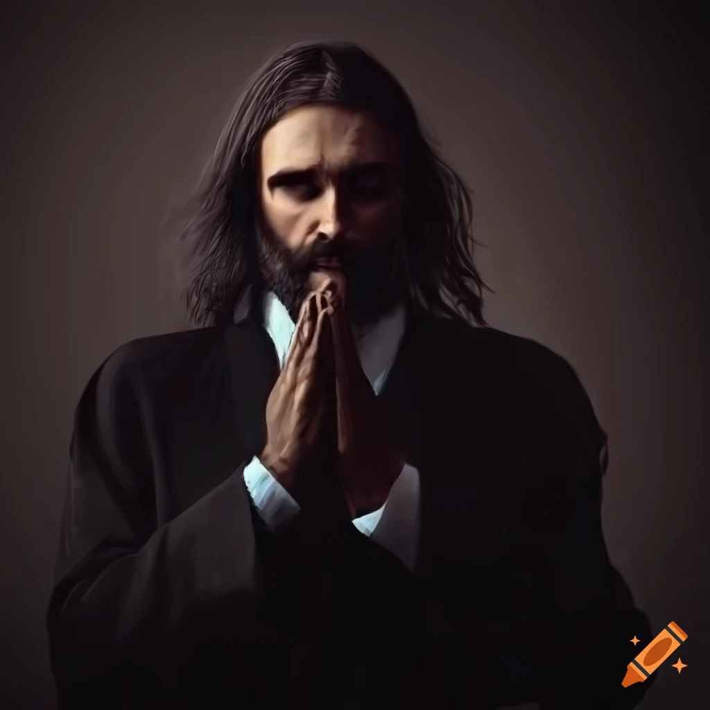 Elegantly dressed man with a long beard praying in a dimly lit room on ...