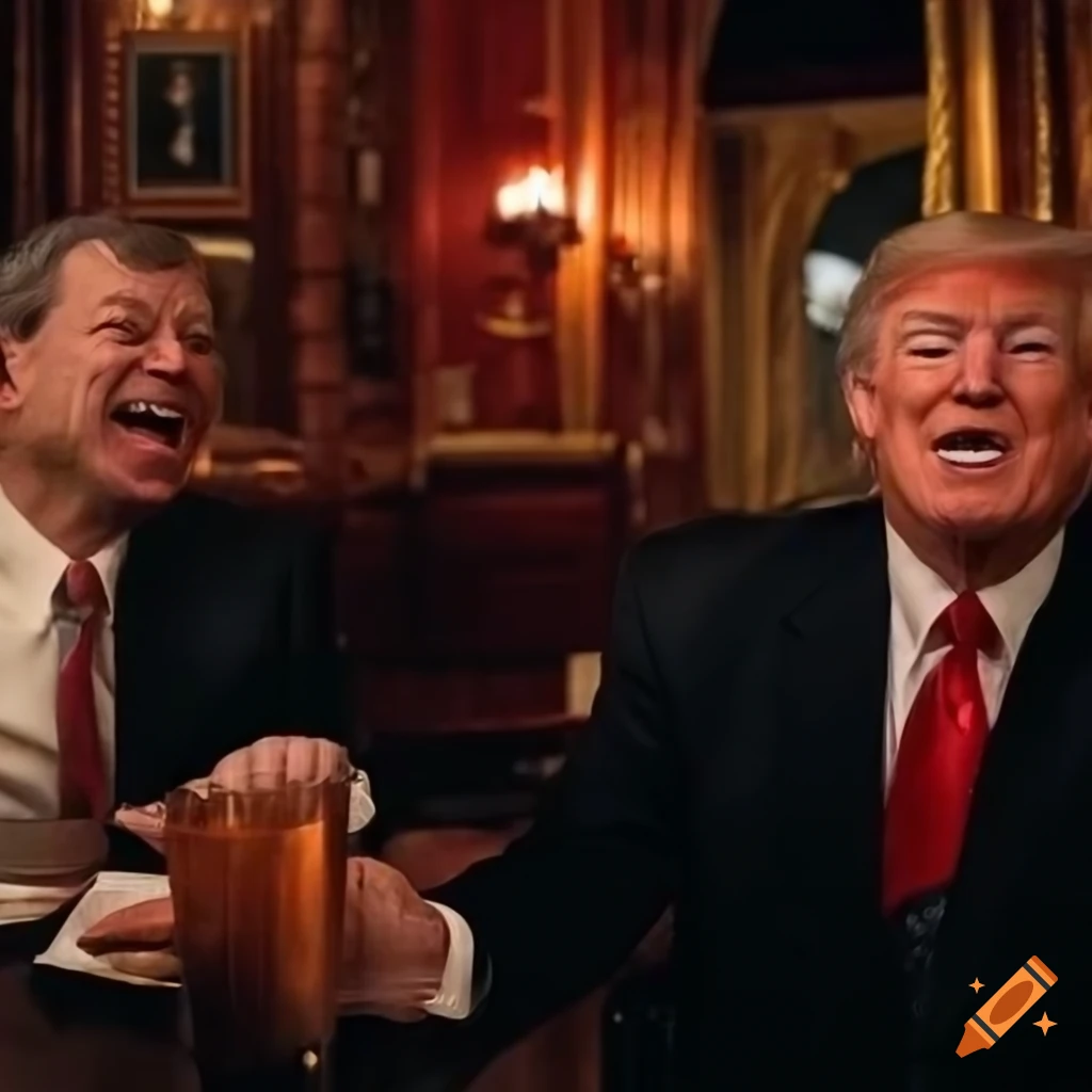 Satire photo depicting Trump and Justice John Roberts sharing a laugh over food and drinks in a pub