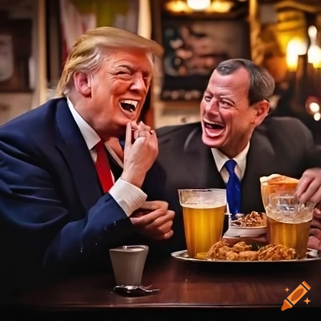 Satire photo depicting Trump and Justice John Roberts sharing a laugh over food and drinks in a pub