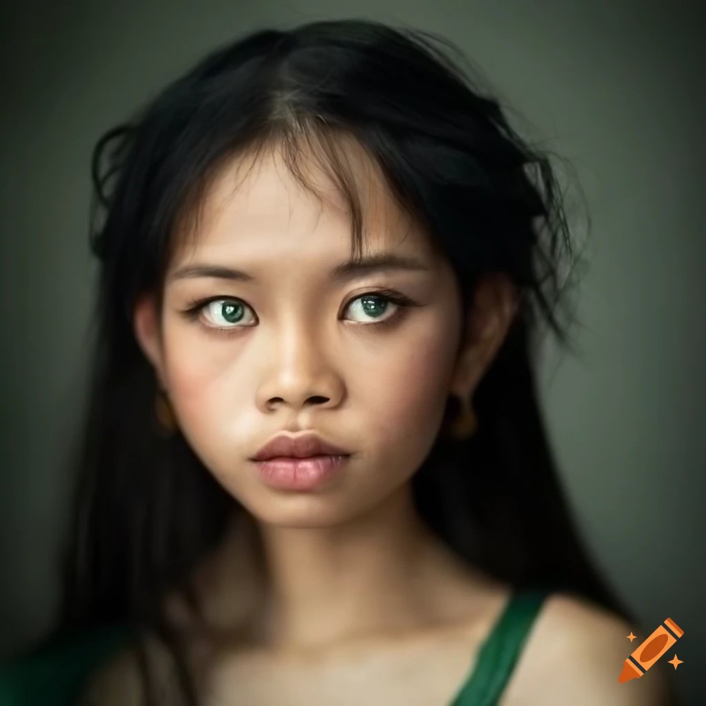 Pretty young Filipino woman with forest green eyes in black ancient English peasant clothing