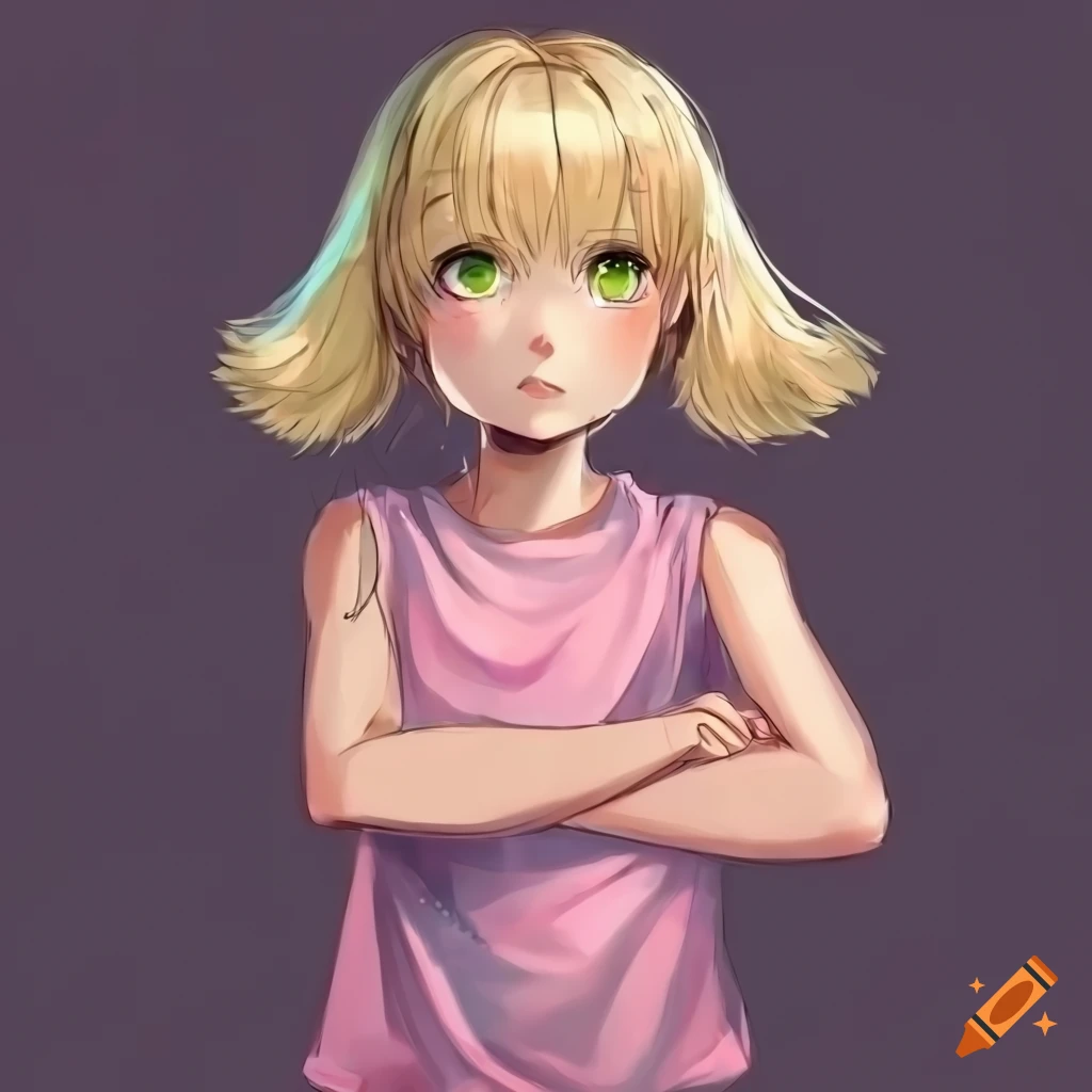 Anime girl with blonde hair and green eyes in pink sleeveless shirt with crossed arms