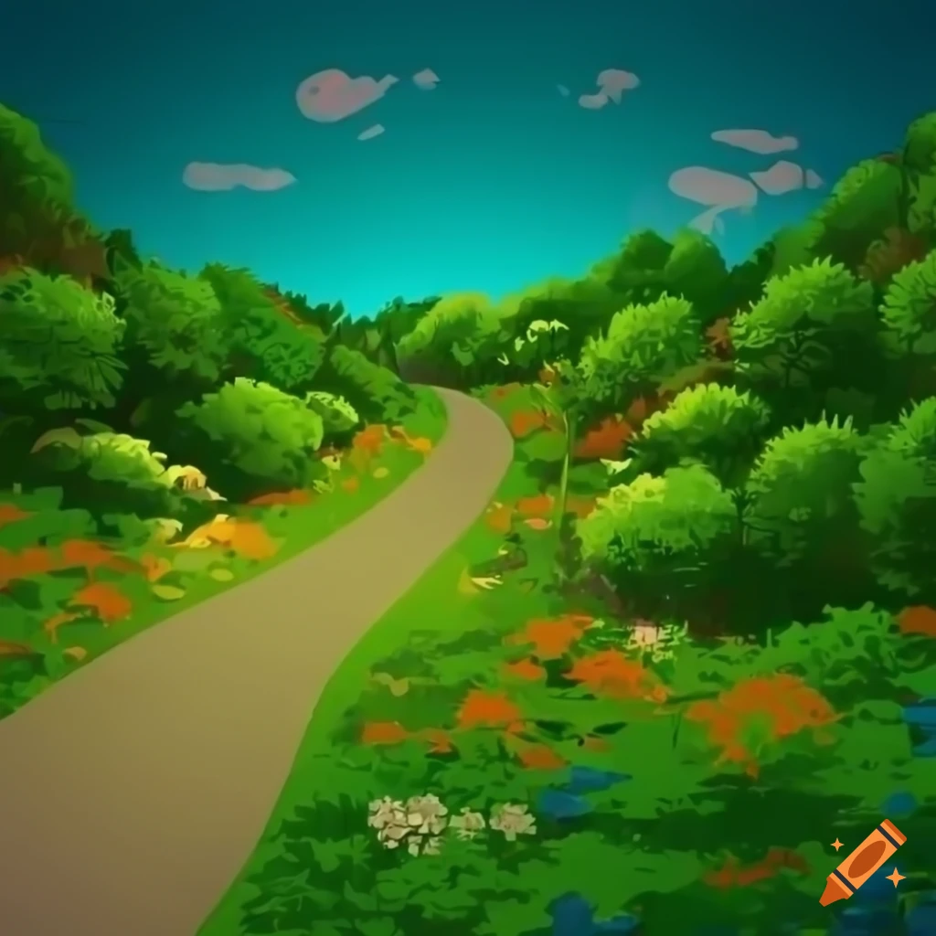 Pathway among green trees and colorful flowers near a shiny blue river and green hill in high contrast